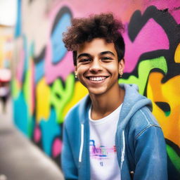 A cheerful Latino teenager with a bright smile, wearing casual clothes and standing in a vibrant, urban setting with colorful graffiti on the walls