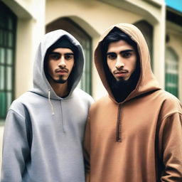 A young man wearing a hoodie stands next to his friend, who is dressed in traditional Muslim attire