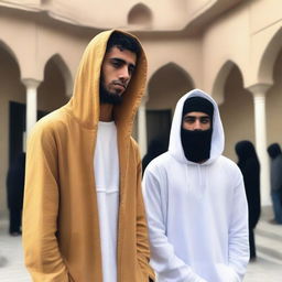 A young man wearing a hoodie stands next to his friend, who is dressed in traditional Muslim attire