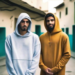 A young man wearing a hoodie stands next to his friend, who is dressed in traditional Muslim attire