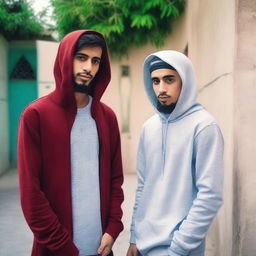 A young man wearing a hoodie stands next to his friend, who is dressed in traditional Muslim attire