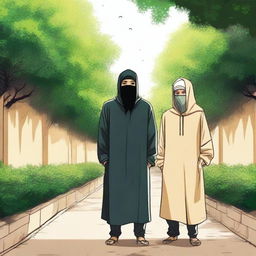 A young man wearing a hoodie and his friend dressed in traditional Muslim male attire are both in a beautiful and cool prison surrounded by lush trees