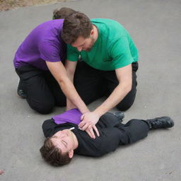 An unconscious 25-year-old male in a purple T-shirt and black pants on the ground with an ampoule in his hand, being assisted by a 30-year-old male in a green shirt and black pants.