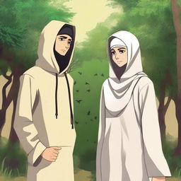 A young man wearing a hoodie and his friend dressed in traditional Muslim male attire are both in a beautiful and cool prison surrounded by lush trees