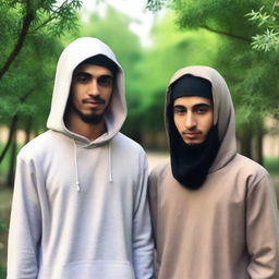 A young man wearing a hoodie and his friend dressed in traditional Muslim male attire are both in a beautiful and cool prison surrounded by lush trees