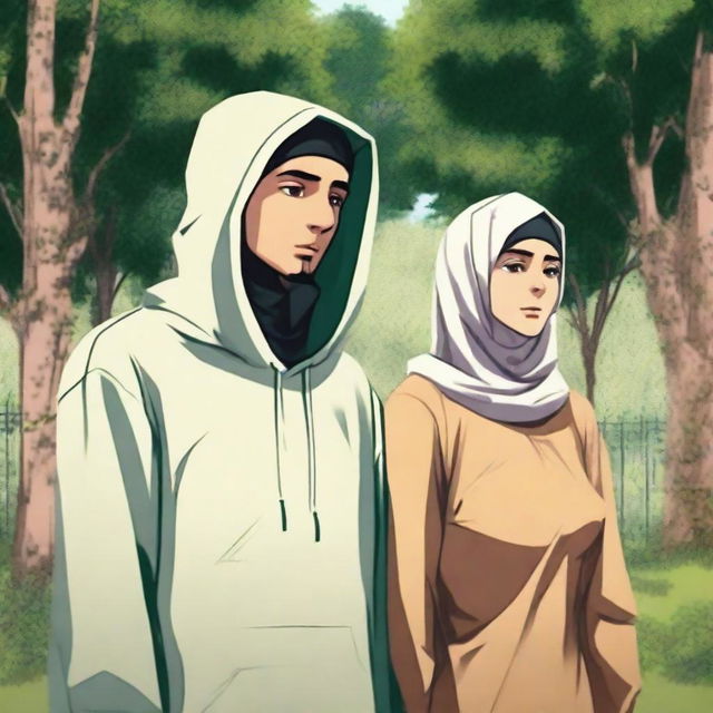 A young man wearing a hoodie and his friend dressed in traditional Muslim male attire are both in a beautiful and cool prison surrounded by lush trees