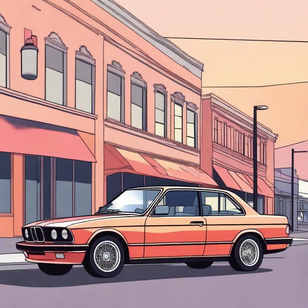 Create an illustration of a BMW E33 parked on a quiet street at sunset