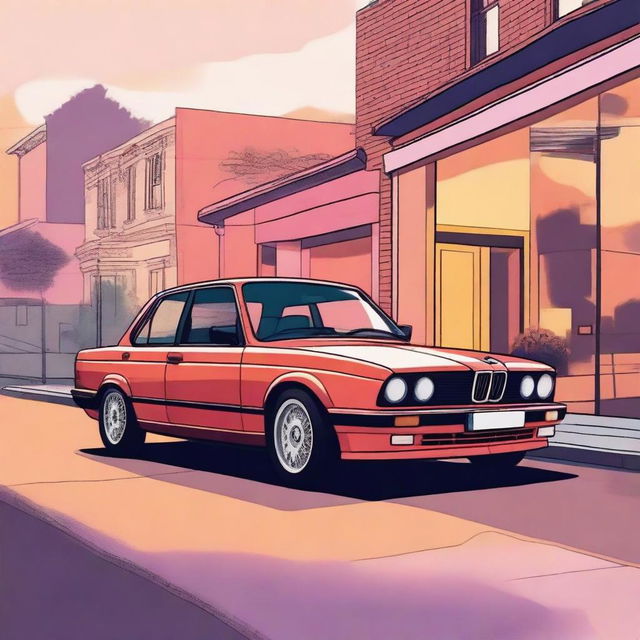 Create an illustration of a BMW E33 parked on a quiet street at sunset