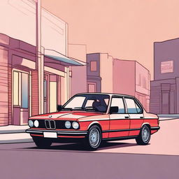 Create an illustration of a BMW E33 parked on a quiet street at sunset