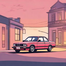 Create an illustration of a BMW E33 parked on a quiet street at sunset