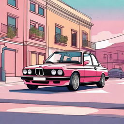 Create an illustration of a BMW E33 parked on a quiet street at sunset with a lot of details and mix of colors