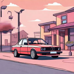 Create an illustration of a BMW E33 parked on a quiet street at sunset with a lot of details and mix of colors