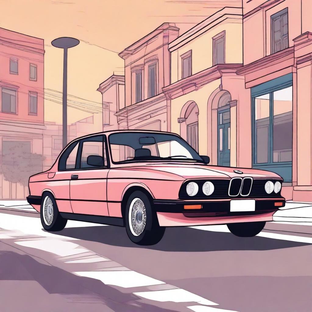 Create an illustration of a BMW E33 parked on a quiet street at sunset with a lot of details and mix of colors