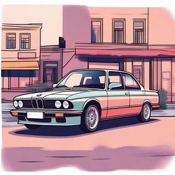 Create an illustration of a BMW E33 parked on a quiet street at sunset with a lot of details and mix of colors