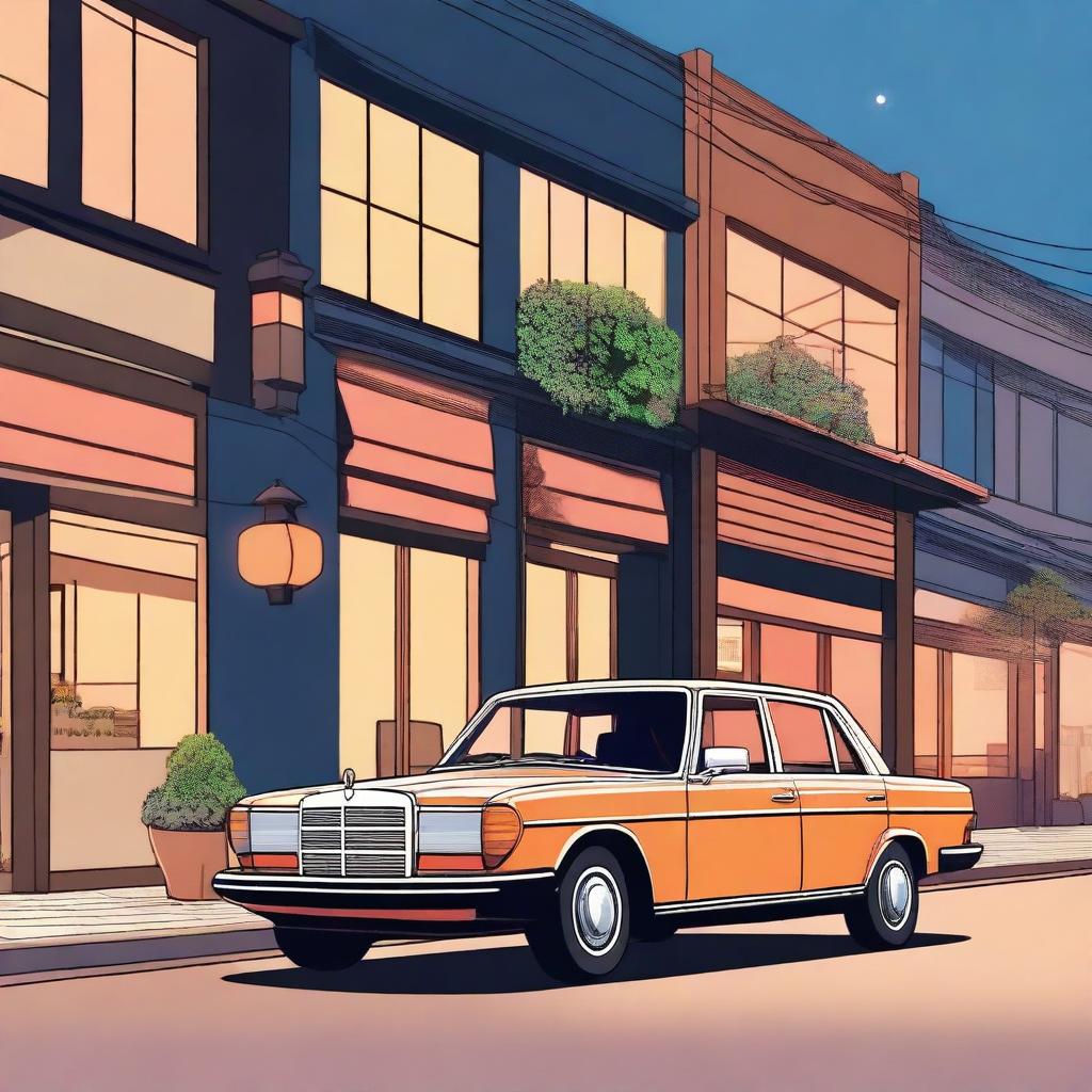 Create an illustration of a vintage Mercedes 240D from the 1970s parked on a cozy, twilight-lit Japanese street