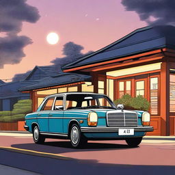 Create an illustration of a vintage Mercedes 240D from the 1970s parked on a cozy, twilight-lit Japanese street