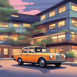 Create an illustration of a vintage Mercedes 240D from the 1970s parked on a cozy, twilight-lit Japanese street