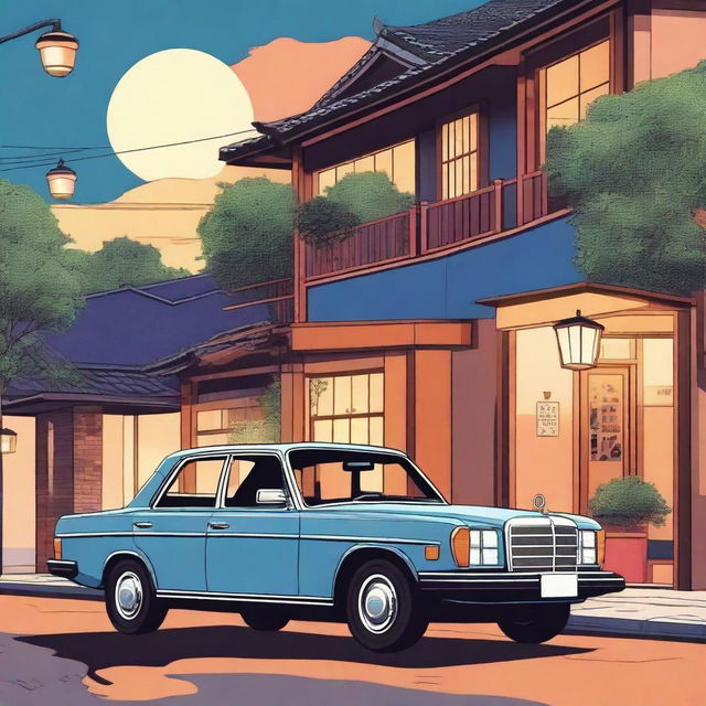 Create an illustration of a vintage Mercedes 240D from the 1970s parked on a cozy, twilight-lit Japanese street