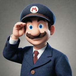 A depiction of Mario from the Super Mario Brothers as a Peaky Blinder, saluting with his beret. He has the beret in front of him, revealing his bald head.