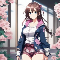 Create an anime-style image of a beautiful girl with a seductive pose, featuring intricate details in her outfit and background