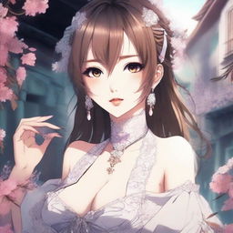 Create an anime-style image of a beautiful girl with a seductive pose, featuring intricate details in her outfit and background