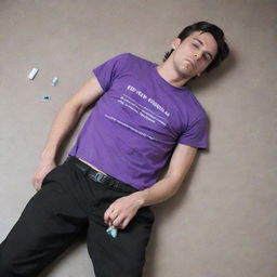 A 25-year-old male in a purple t-shirt and black pants lying unconscious on the ground with a syringe and an ampoule clutched in his hand.