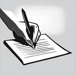 A black and white illustration of a hand writing on a piece of paper