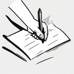 A black and white illustration of a hand writing on a piece of paper