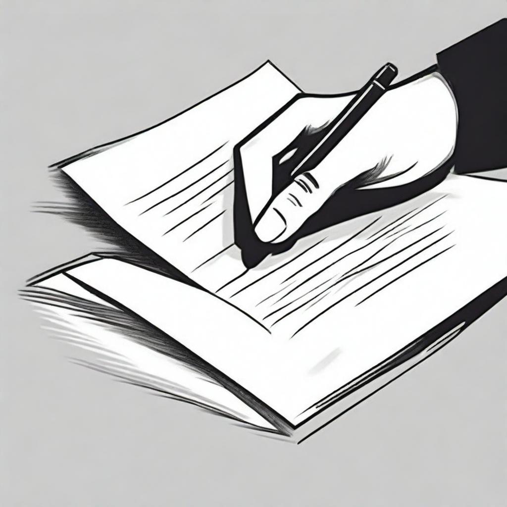 A black and white illustration of a hand writing on a piece of paper