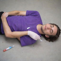 A 25-year-old male in a purple t-shirt and black pants lying unconscious on the ground with a syringe and an ampoule clutched in his hand.