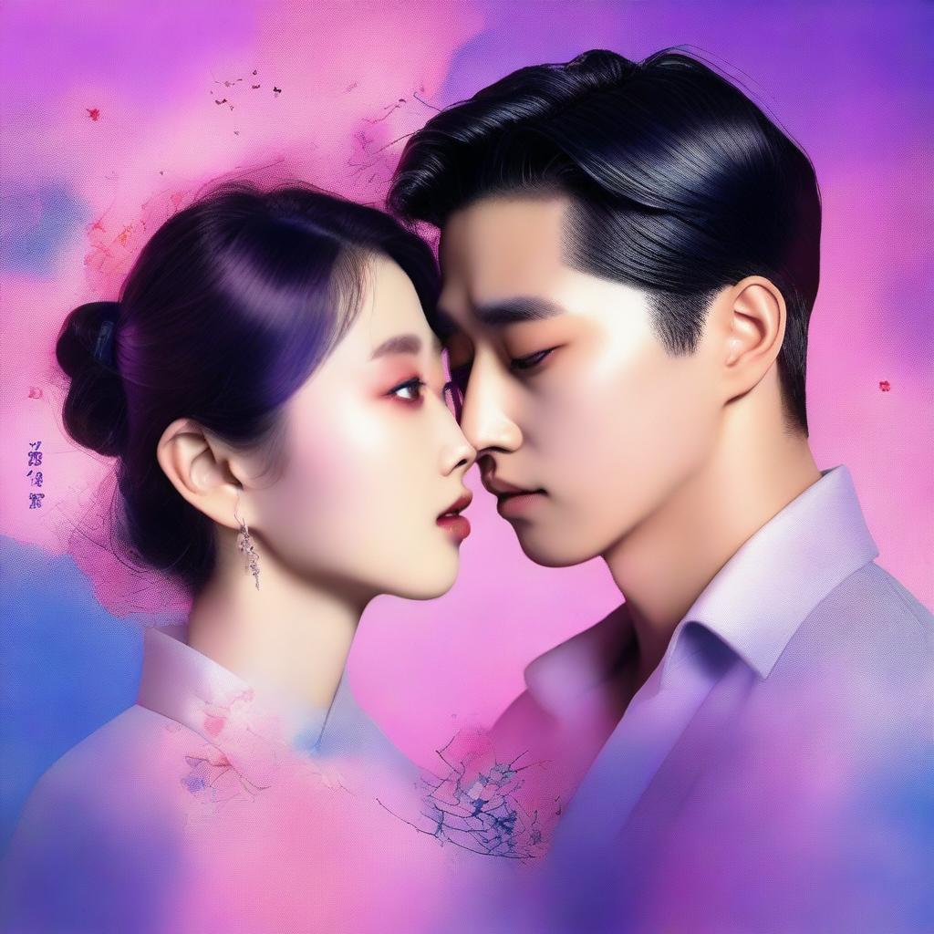 A romance book cover featuring the split face of a Korean man and a Korean woman in the modern era, with each half of their faces merging together