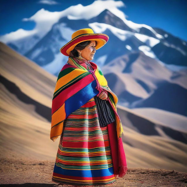 A traditional Bolivian cholita, dressed in vibrant and colorful attire including a bowler hat, shawl, and multi-layered skirt, standing proudly against a backdrop of the Andes mountains