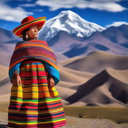 A traditional Bolivian cholita, dressed in vibrant and colorful attire including a bowler hat, shawl, and multi-layered skirt, standing proudly against a backdrop of the Andes mountains