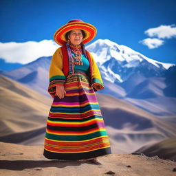 A traditional Bolivian cholita, dressed in vibrant and colorful attire including a bowler hat, shawl, and multi-layered skirt, standing proudly against a backdrop of the Andes mountains