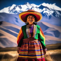 A traditional Bolivian cholita, dressed in vibrant and colorful attire including a bowler hat, shawl, and multi-layered skirt, standing proudly against a backdrop of the Andes mountains