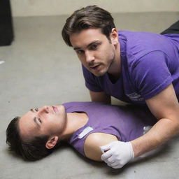 A 25-year-old male in a purple t-shirt and black pants lying unconscious on the ground with a syringe and an ampoule clutched in his hand.