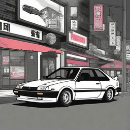 Create an illustration of a classic 1985 Toyota AE86 Corolla GT-S parked in an 80s retro anime style Japanese street scene