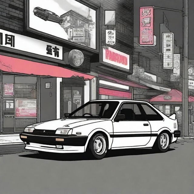 Create an illustration of a classic 1985 Toyota AE86 Corolla GT-S parked in an 80s retro anime style Japanese street scene