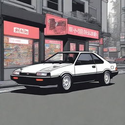 Create an illustration of a classic 1985 Toyota AE86 Corolla GT-S parked in an 80s retro anime style Japanese street scene