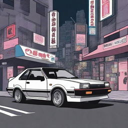 Create an illustration of a classic 1985 Toyota AE86 Corolla GT-S parked in an 80s retro anime style Japanese street scene