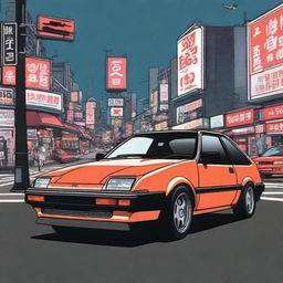 Create an illustration of a classic 1985 Toyota AE86 Corolla GT-S parked in an 80s retro anime style Japanese street scene