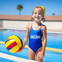 A 4-year-old girl wearing a water polo suit is standing by the edge of a swimming pool