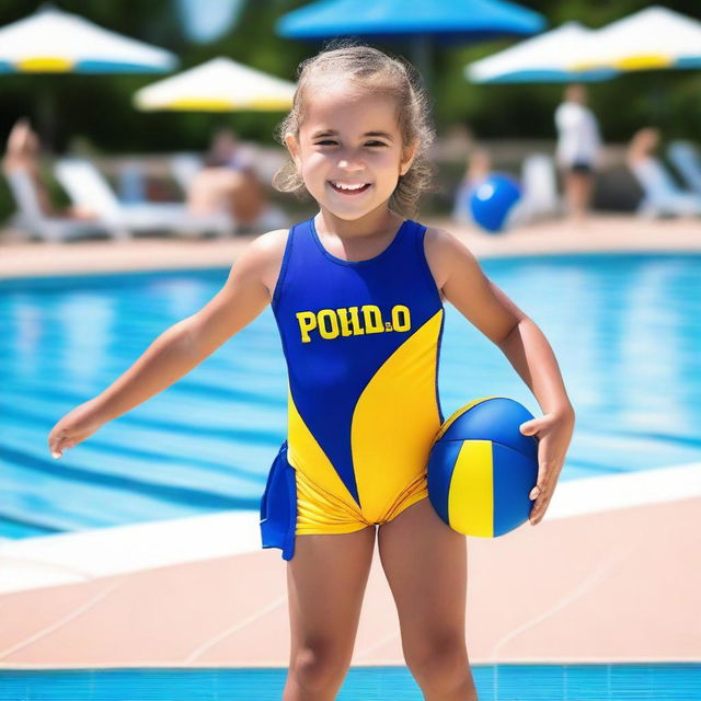 A 4-year-old girl wearing a water polo suit is standing by the edge of a swimming pool