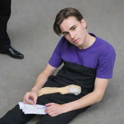 A 25-year-old male in a purple t-shirt and black pants lying unconscious on the ground with a syringe and an ampoule clutched in his hand.