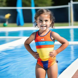 A 4-year-old girl wearing a water polo suit is standing by the edge of a swimming pool