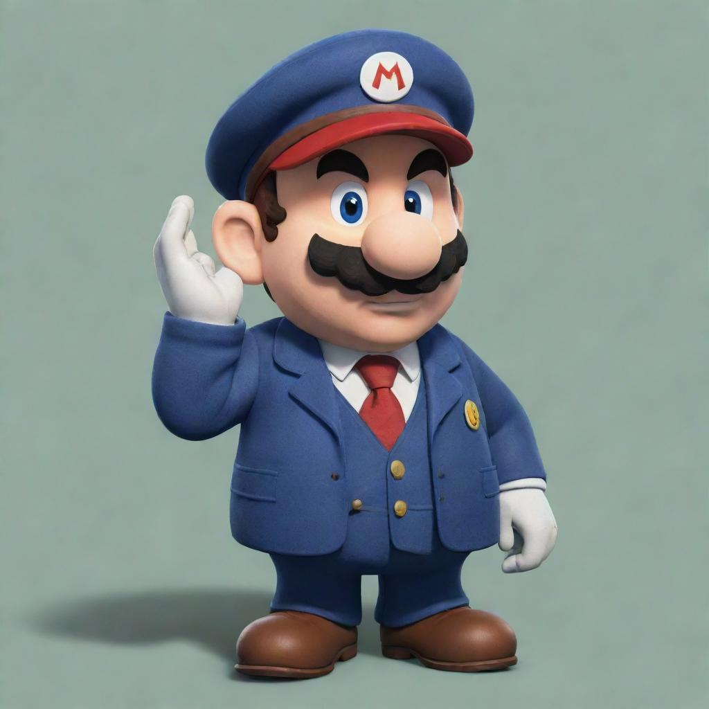 Illustration of Mario from the Super Mario Brothers dressed as a Peaky Blinder, saluting. His bald head is emphasized.