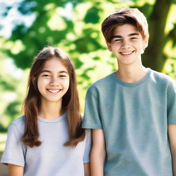 A 14-year-old girl and a 16-year-old boy standing together, both smiling and looking happy