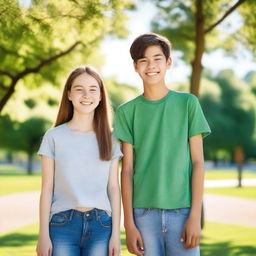 A 14-year-old girl and a 16-year-old boy standing together, both smiling and looking happy