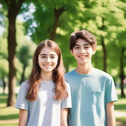 A 14-year-old girl and a 16-year-old boy standing together, both smiling and looking happy