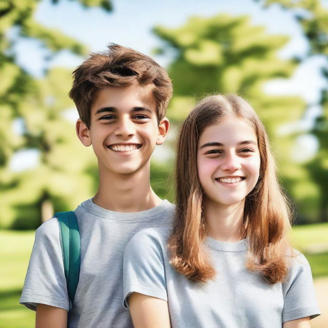 A 14-year-old girl and a 16-year-old boy standing together, both smiling and looking happy